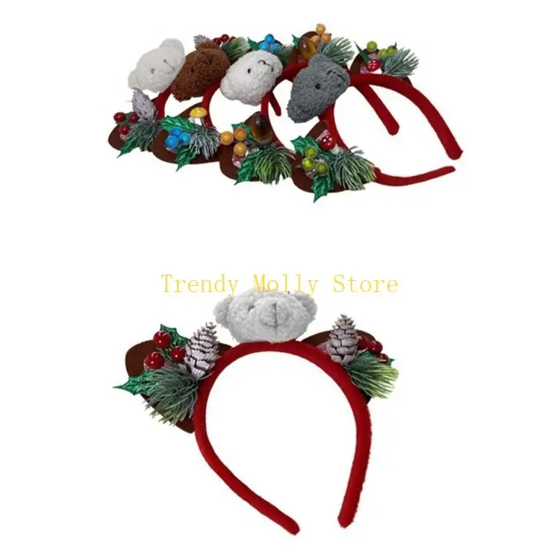 N5KB 크리스마스 귀 머리띠 헤어 후프 크리스마스 곰 머리띠 크리스마스 헤어 밴드와 소나무 바늘 소나무 콘 헤어 액세서리