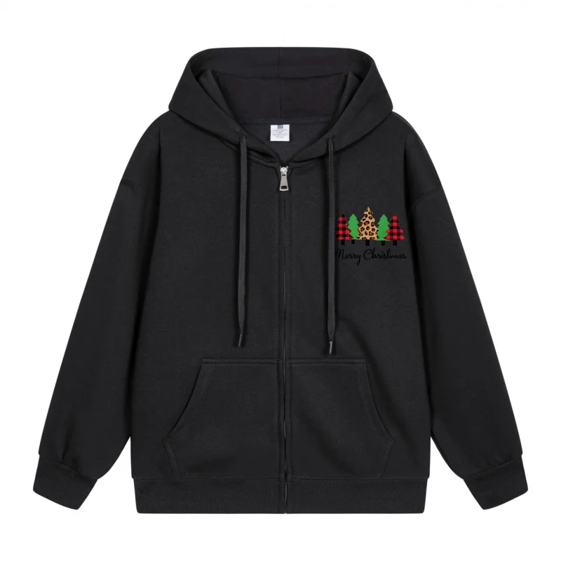 

Men's Zip-Up Hoodie Black Hoodie Black Hoodie With Red And Green Christmas Tree Design Christmas in 2025 Festive Print