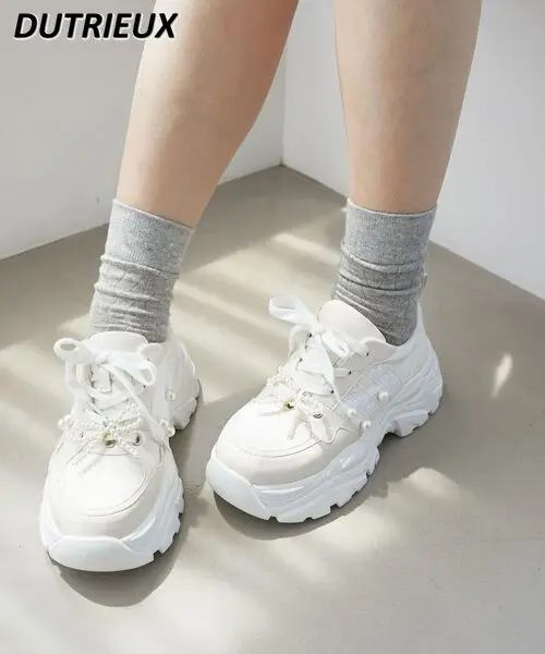 New Sweet Girl Versatile Sneaker Pearl Accessories Japanese Style Thick Bottom Height Increasing Breathable Casual Daddy Shoes