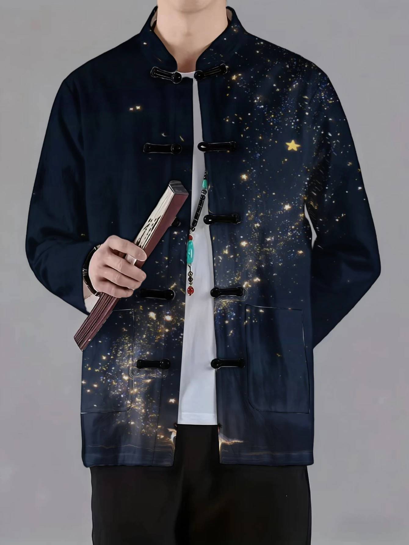 Men Men Mandarin Collar Frog Button Long Sleeve Jacket Starry Sky Ink Landscape Tropical Plant Ocean Print Casual Outerwear - Aliexpress Deal