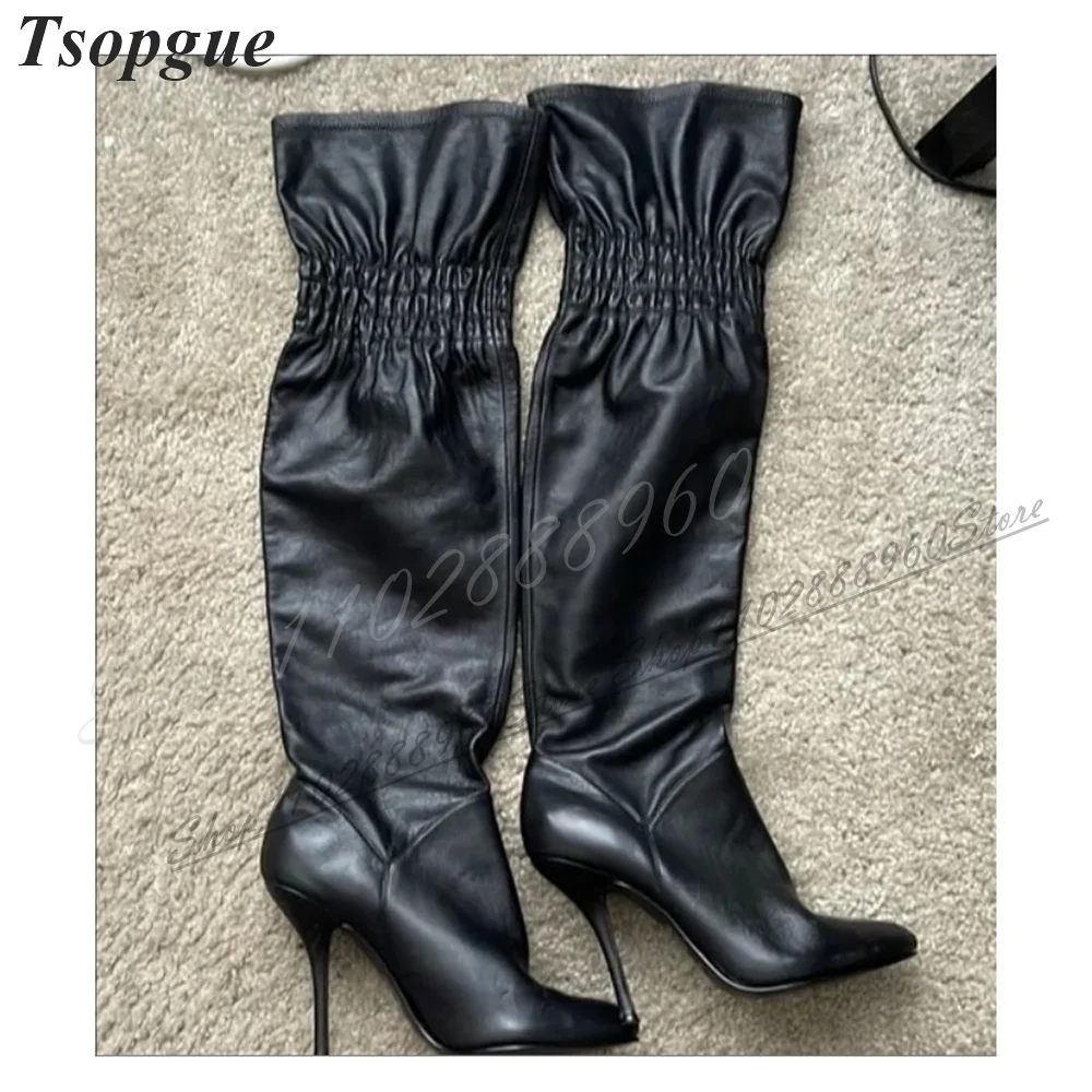 

Knee High Black Soft Leather Elastic Boots Thin High Heel Shoes For Women Slip On Pointed Toe 2024 Fashion Zapatos Para Mujere