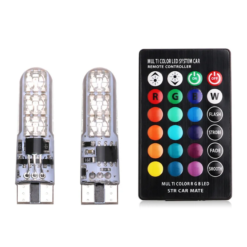 2x T10 W5W 501 Car Wedge Side Light Atmosphere Bulb 12V 6SMD 5050 RGB 7 Color LED Remote Control Strobe Flash Lamp With Battery