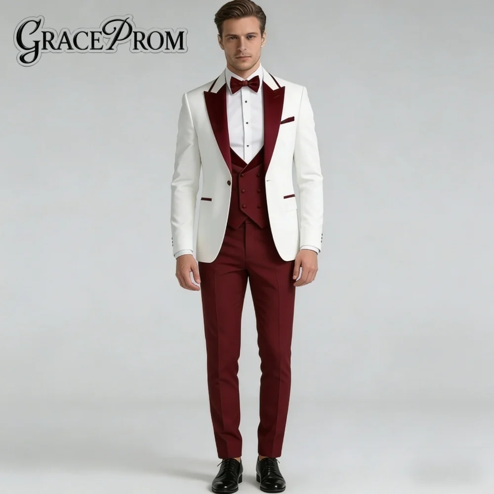 

Timeless White Burgundy For Men Prom Formal Shawl Lapel 3PCS Suit Best Man Suit Set Jacket Vest Pants Prom Occasion Customized