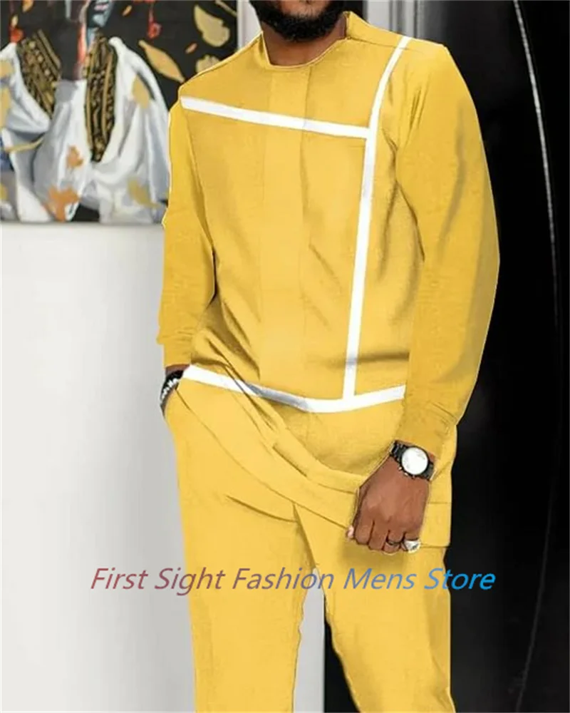 Autumn Outfits Long Sleeve T-Shirt Trousers 2-piece Yellow Men Print Tracksuit Set African Casual Suits Fashion Streetwear