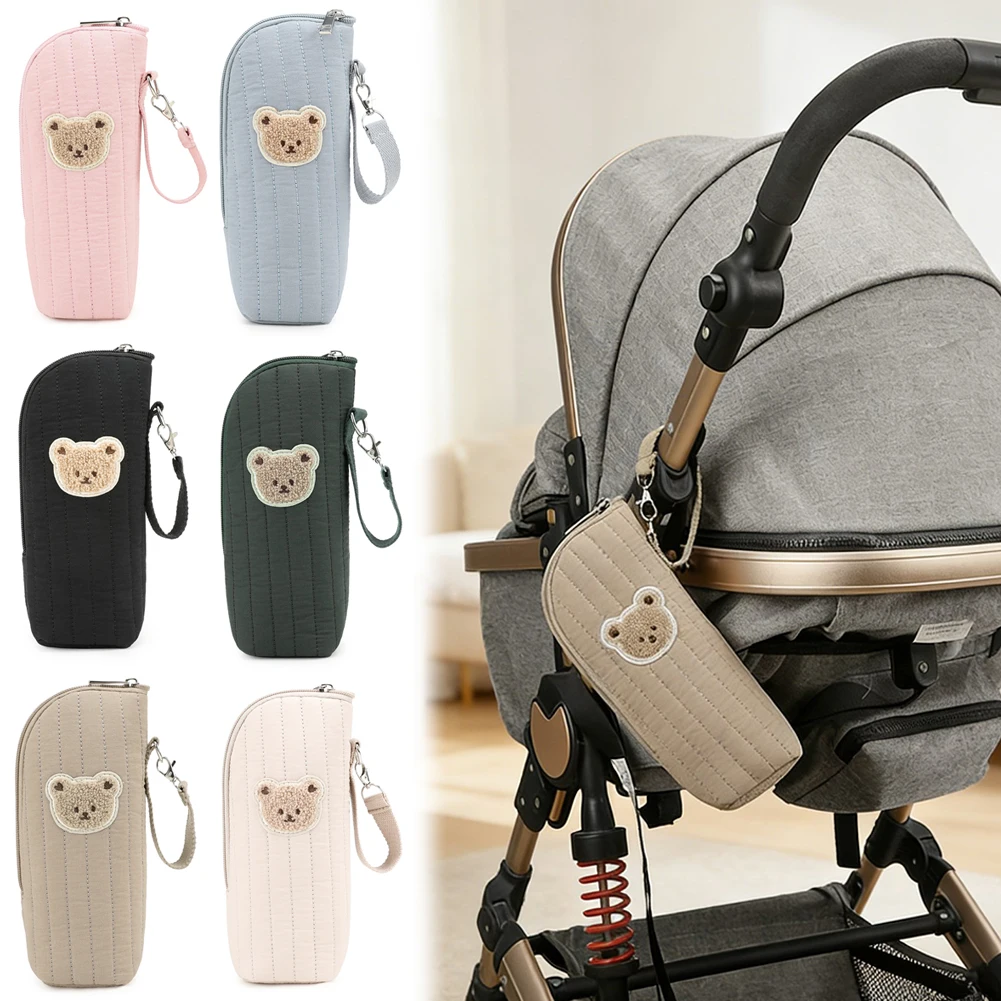 Cute Bear Design Baby Bottle Tote Bag with Aluminum Foil Insulation Bags Water Bottle Thermal Storage Pouch with Stroller Hook