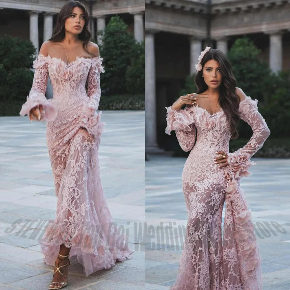 Vestido de fiesta de manga larga rosa de encaje de lujo para mujer, fiesta de banquete, sirena, largo hasta el suelo, elegante vestido de noche Formal personalizado