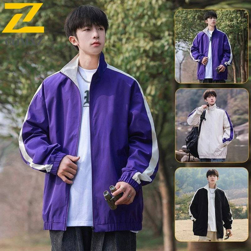 

COMXZ 2025 Reversible Stand Collar Jacket Mens Two Sided Wear Color Block Baseball Coat Youth Fashion Outwear
