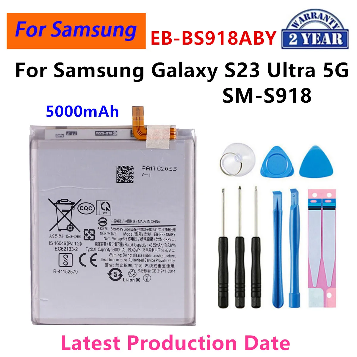 

2024 years New EB-BS918ABY 5000mAh Replacement Battery For Samsung Galaxy S23 Ultra S23Ultra SM-S918 5G Phone Batteries +Tools