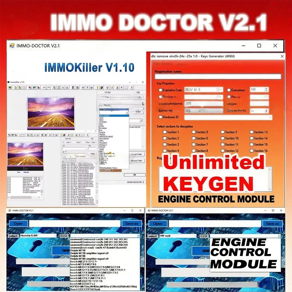 ImmoKiller V1.10 OBD2 Scanner Car Software+ IMMO DOCTOR V2.1 With Unlimited KEYGEN MULTI BRAND Immo Off Software ECU Chip Tuning