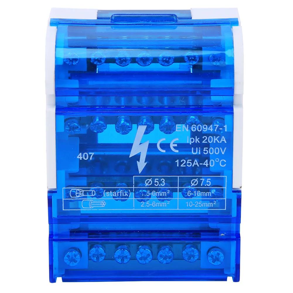 407 Terminal Distribution Box Din Rail 4-Level Single Phase Junction Box Case with Blue Transparent Cover