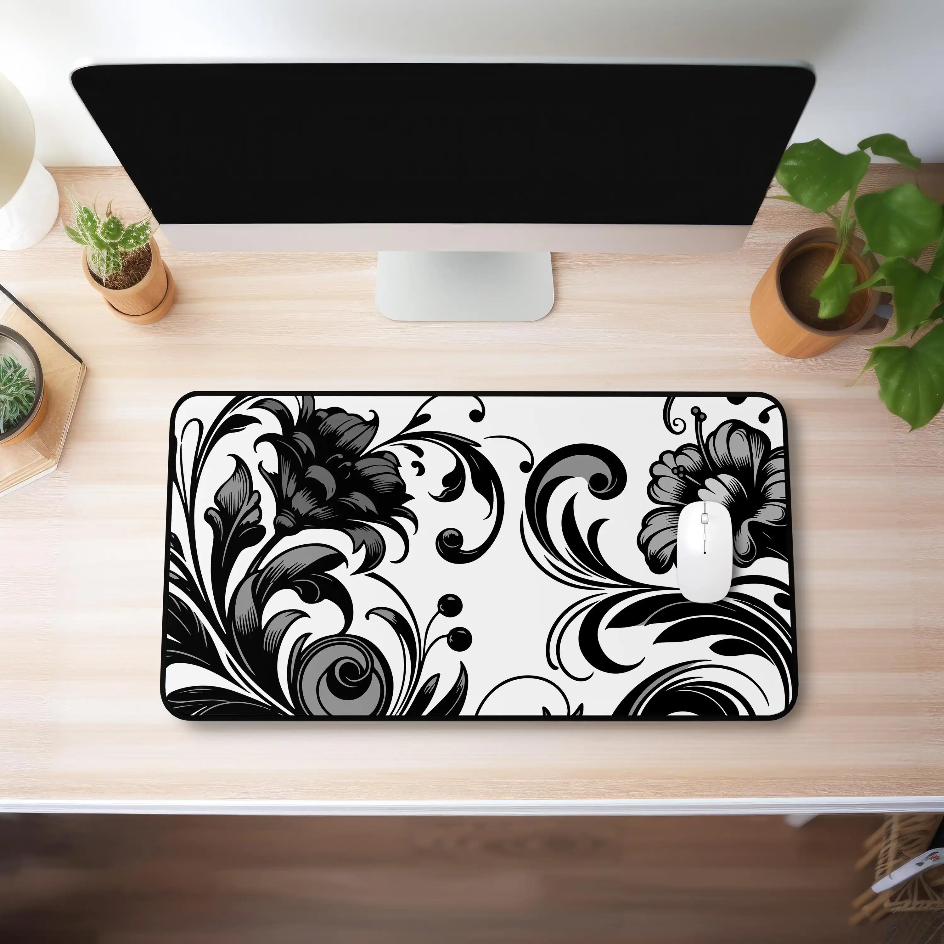 Black and White Floral Pattern Placemat,elegant and Unique Mousepad,stylish Deskmat,modern Office Desk Accessory, Desk Mat Gift
