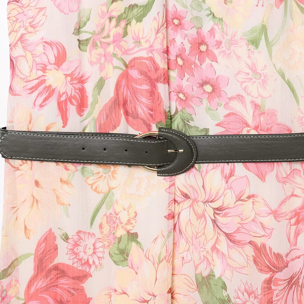 Vestido midi casual feminino com decoração em camadas impressa e cinto fashion elegante vestido de festa sem mangas 3713359