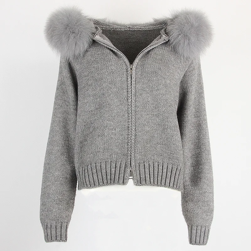 Płaszcz kardigan z naturalnego futra dla kobiet 2024 Moda Jesień Zima Casual Hooded Real Fox Fur Collar Fashion Krótka kurtka z dzianiny