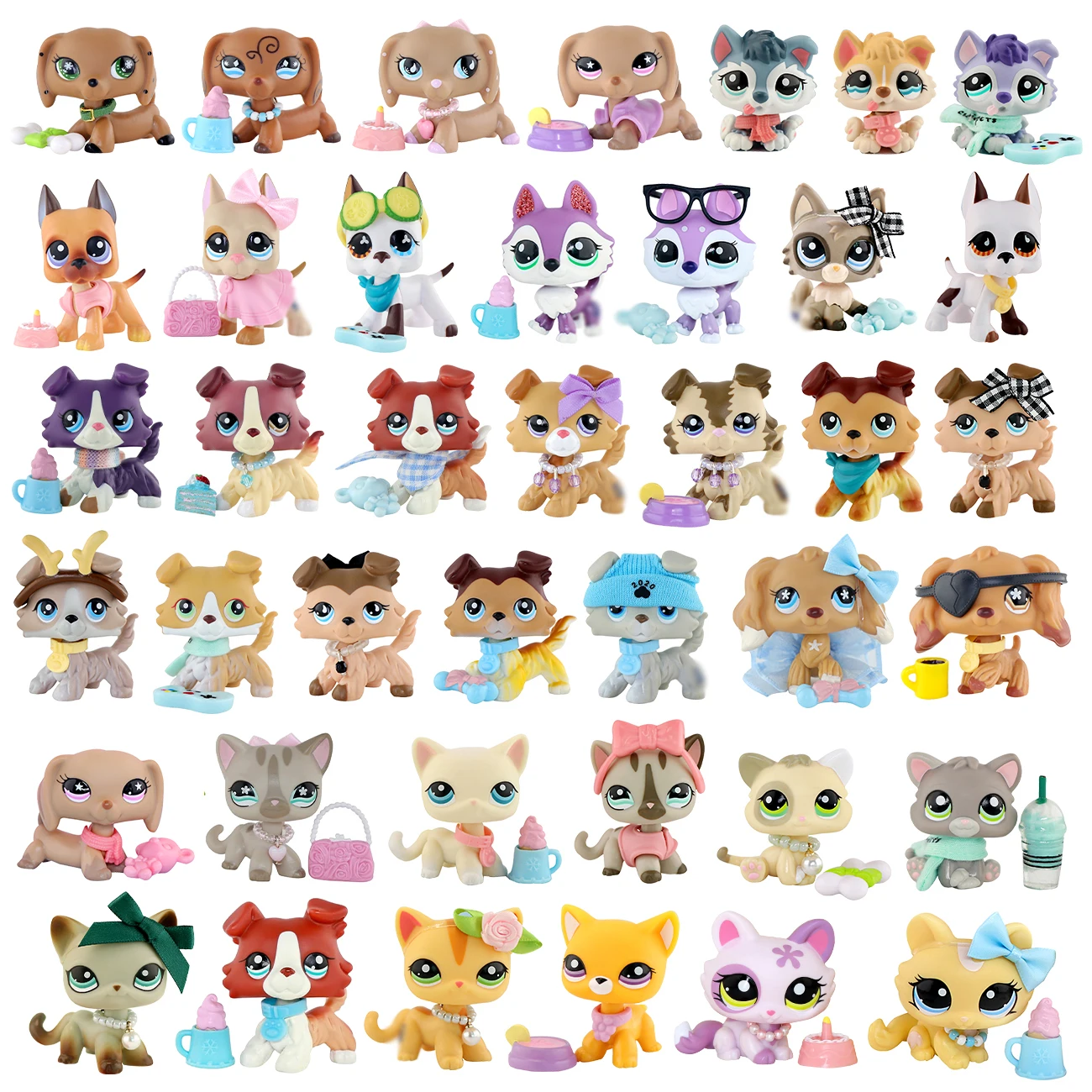 5PC Little Animal Toy Cute Shorthair Cat,Collie, Husky, and More Action Figures Girls Collection pet Toys with Accessories