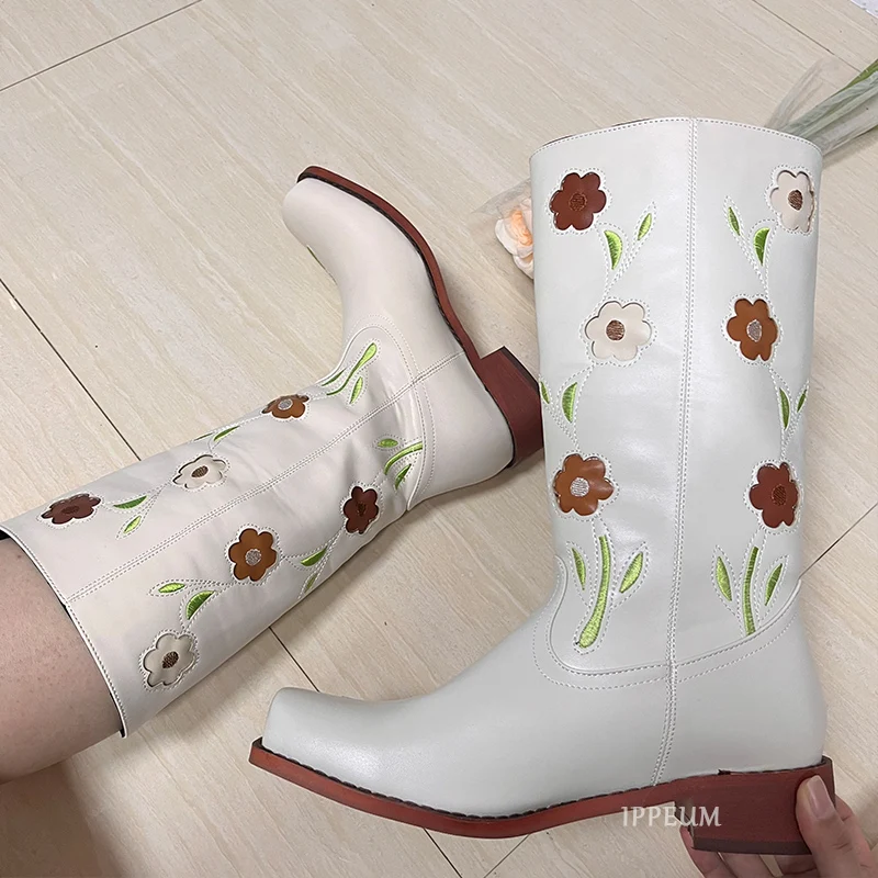 IPPEUM Flower Boots Beige Vintage 90S Western Cowgirl Wide Calf Shoes For Women Free Shipping Leather botas cowboy mujer Y2K