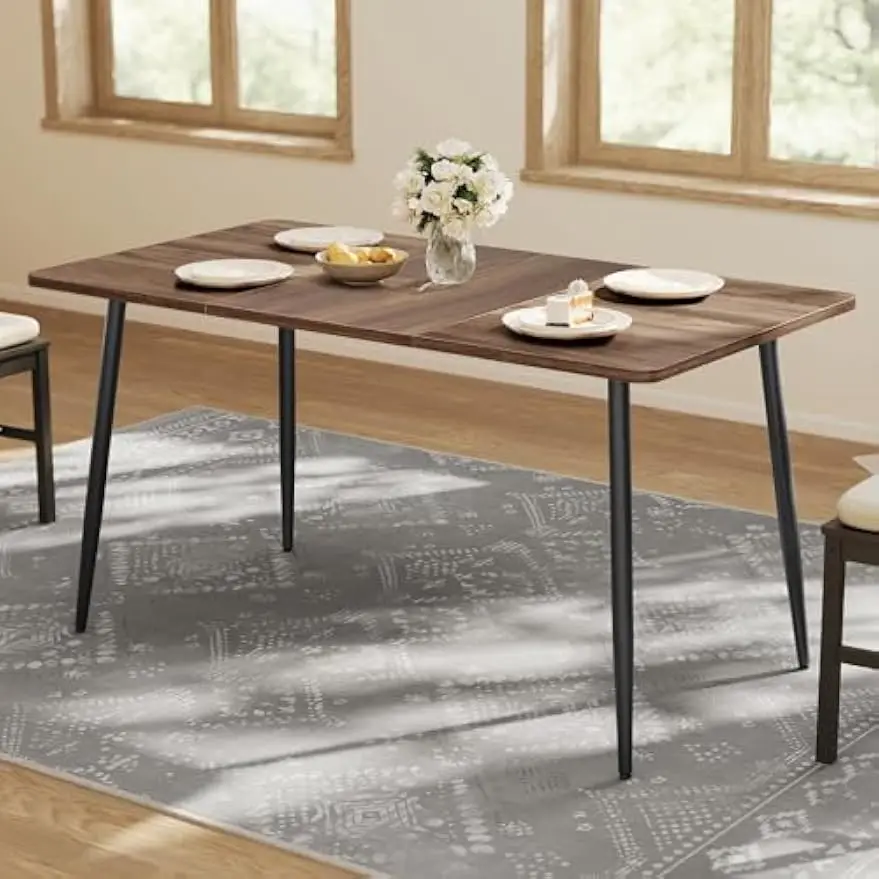 Modern Kitchen Dining Table For 4 To 6 People, Heat Resistant Wooden Tabletop With Heavy Duty Metal Frame, Rectangular Dinner Furniture For Dining Room Living Room Apartment, Natural Walnut And Ink Black