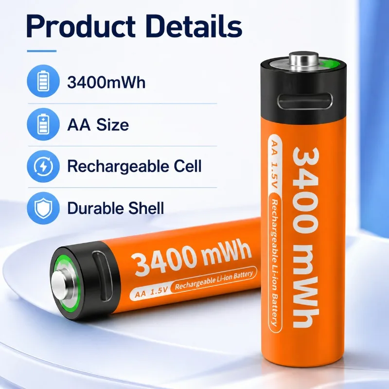 1.5V USB Rechargeable AA Battery 4425mWh 14500 Lithium Battery for Fingerprint Lock Toys Flashlight Constant Voltage Output