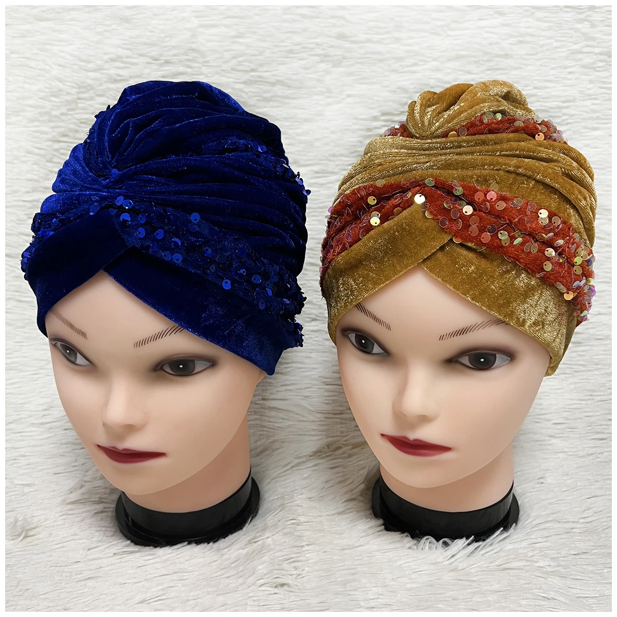 Wholesale 6/12 Elegant Sequined Turban Hat Women Cap Beaded For India Hat Scarfs Head Wrap Headband Girl Hair Accessories Lady