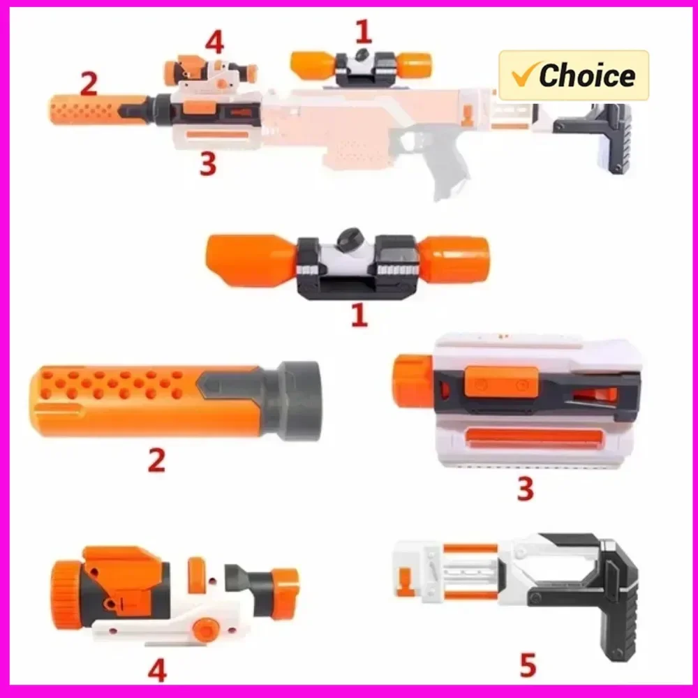 Uniwersalne akcesoria do pistoletów zabawkowych Nerfss N-strike Elite Series: tłumik, podpórka, latarka, miękkie pociski, modyfikacja pistoletu zabawkowego.