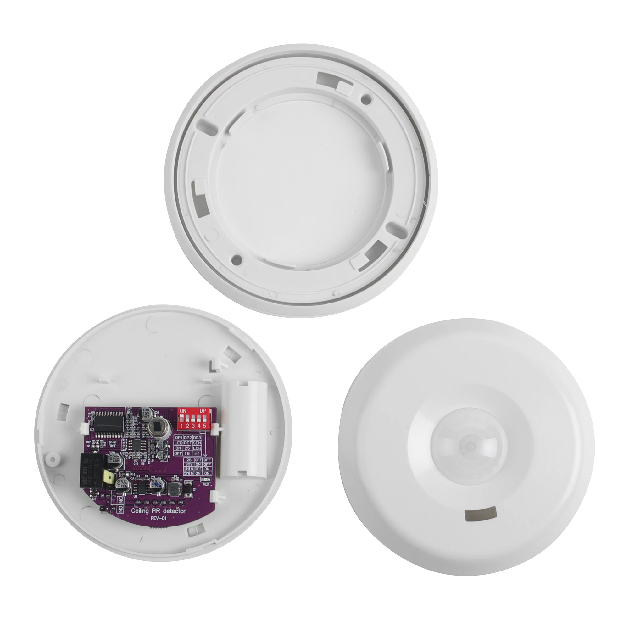 Montaje en techo Detección de 360 grados Sensor de movimiento con cable PIR Tech Anti-mascotas Anti-manipulación con salida de alarma NO/NC para sistema de alarma