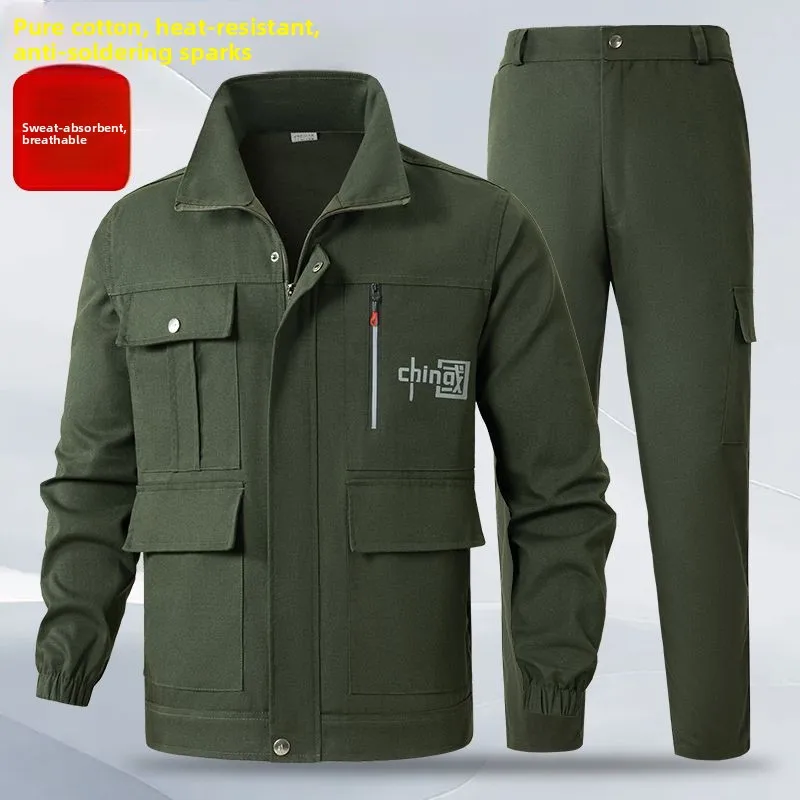 

Комплект рабочей одежды из чистого хлопка для мужчин: весенне-осенний, с длинным рукавом, износостойкий, грязеотталкивающий, для работы