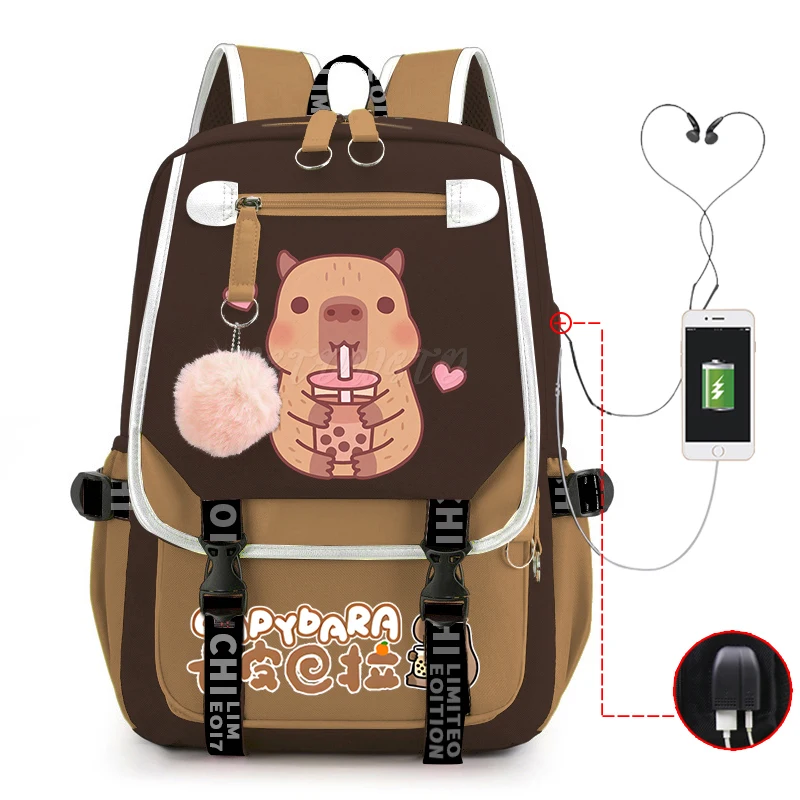 

Capybara Loves Bubble Tea Backpack Women Girls Large Capacity USB Charging Bags Children Teeneger School Backpack Travel Bags