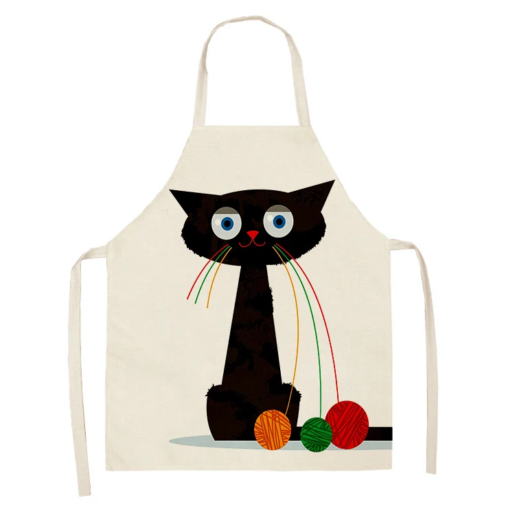 1Pcs Black Cute Cat Pattern Kitchen Sleeveless Aprons Cotton Linen Bibs 55*68cm Household Women Cleaning Pinafore Home Cooking