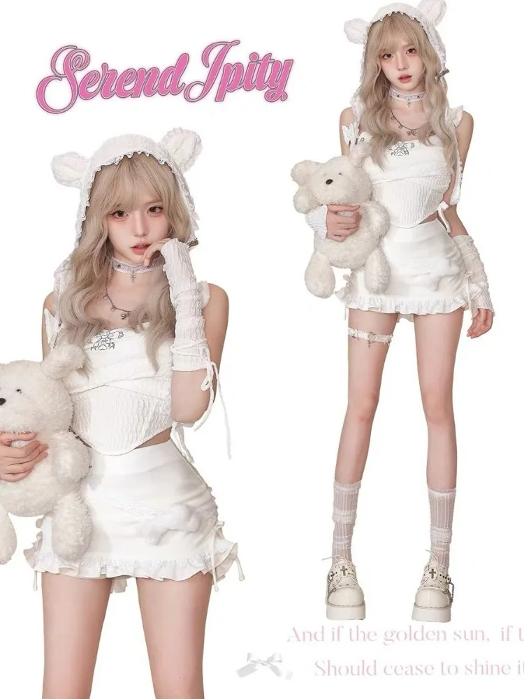 Fashion Sexy Slim Fit Lace Camisole Vest+ Oversleeve+ Cute Rabbit Ear Hat+ Y2k High Waist Ruffles Skirts Four Piece Sets