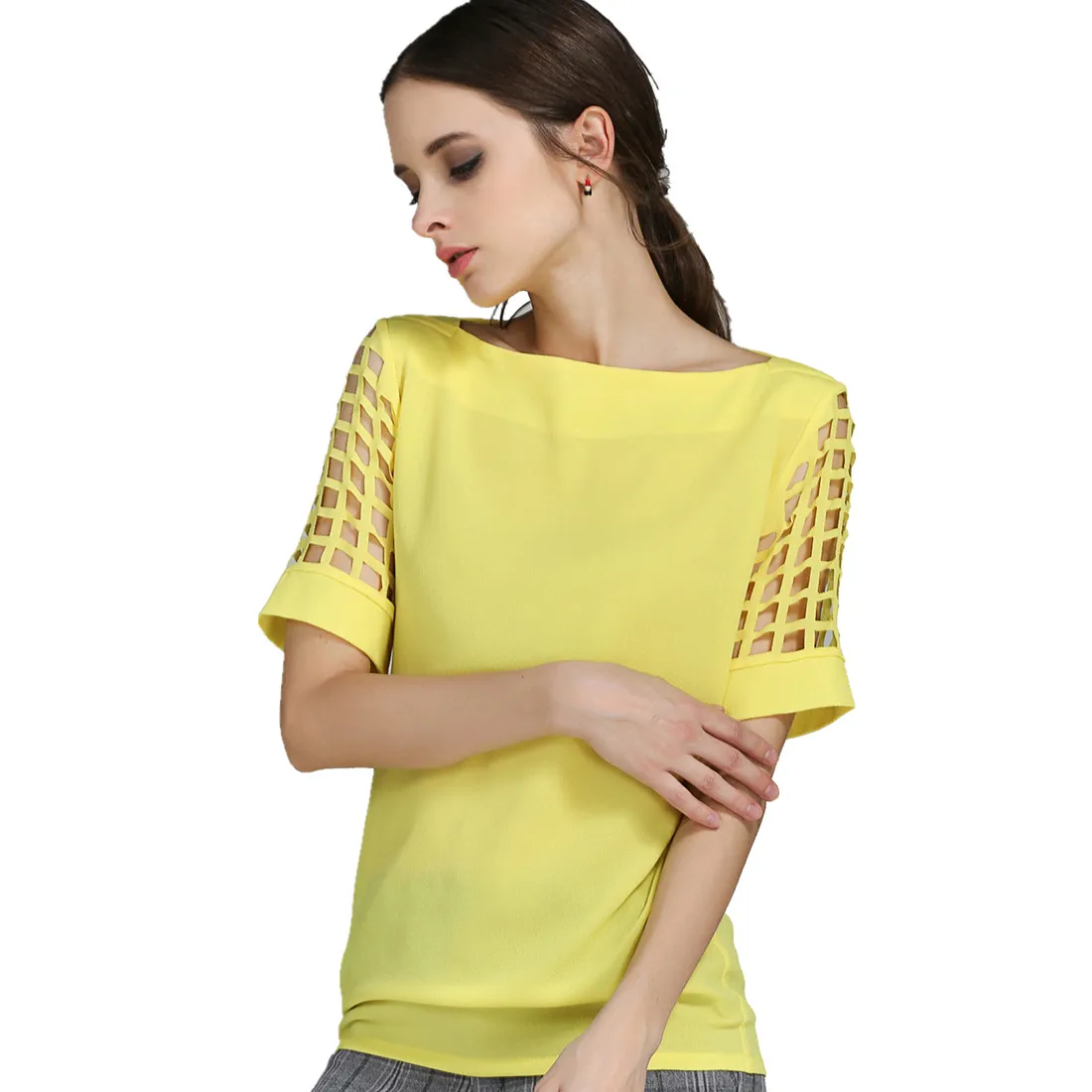 

Летние модные женские блузки и рубашки с вырезами на рукавах, шифоновая блузка с вырезом на шее, большие размеры