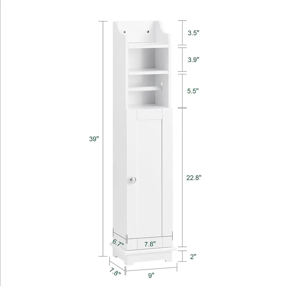 White Bathroom Storage Cabinet With Toilet Paper Holder, 7.8x9x39in Slim Unit For Small Restroom Space, Customized