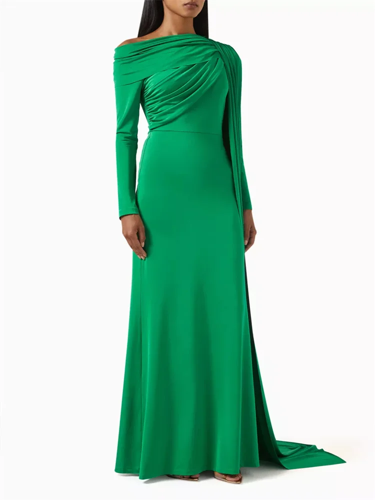 

New Arrival Asymmetric Draped Neckline Long Sleeves Straight Evening Dress Back Zipper Floor Length Sweep Train Gown For Women