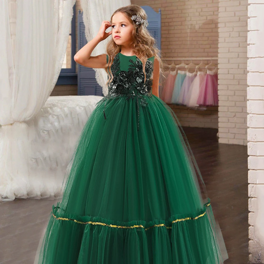 Girls Green Christmas Dress For Kids Elegant Flower Birthday Party Gown Princess Wedding Formal Evening Gala Costumes Vestidos