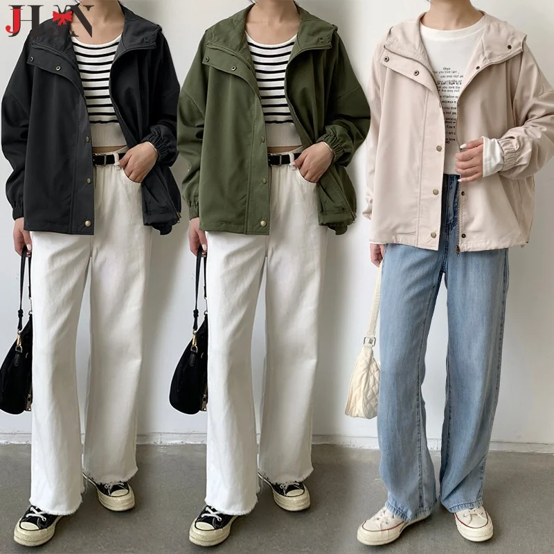 

2024 New Style Female Jacket Loose Outerwear Casual Workwear Solid Color Single Breasted Tops Hooded Y2k Women Coat Hot Selling