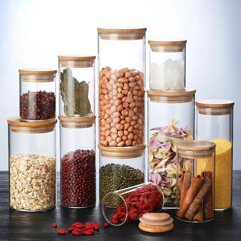 Sealing Kitchen Grain Tea Mason Storage Tank With Bamboo Cover Glass Jars For Spices Condiments Organizer Airtight Container