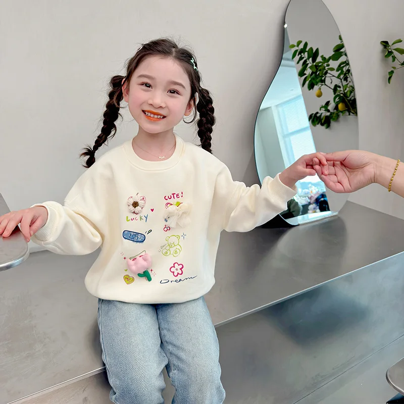 الفتيات هوديي 2025 الربيع والخريف ثلاثي الأبعاد زهرة عصرية عارضة حلوة لطيف قاعدة قميص النمط الغربي