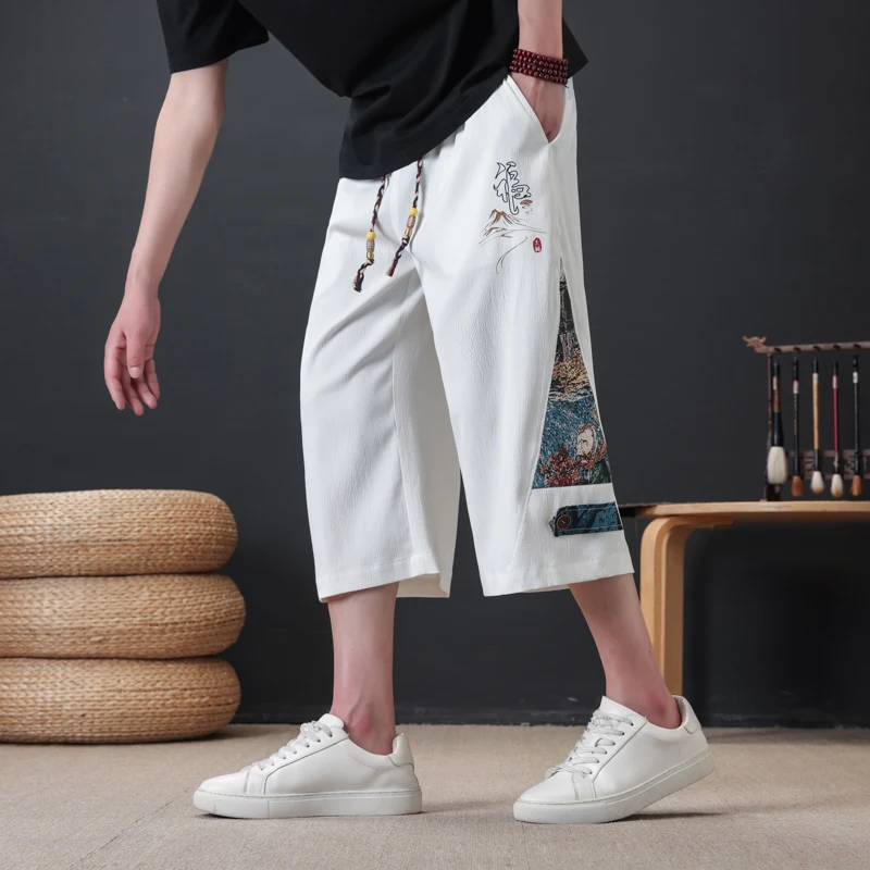 

Ice Silk Loose Fit Printed orts Men's Summer Casual Pants Seven-Foot Length Harajuku Sle Elastic Waisand Faion Trend
