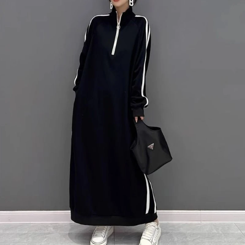 Turtleneck Dresses Women Long Sleeve A-line Baggy Hip Wrap Dress Spring Autumn Spliced Zippers Striped Gothic Korean Style Chic