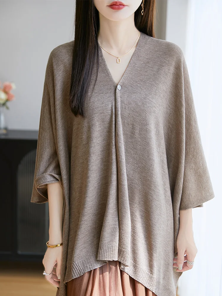 

Summer 2025 Fashionable Knitted Shoulder Wrap Women's Loose Slimming Versatile Outerwear Cowl Neck Coat Trendy