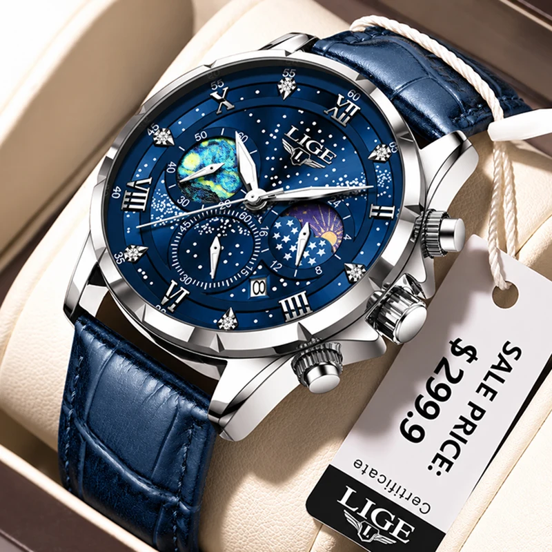 LIGE Top Brand Luxury Blue Leather Watch For Men Waterproof Sport Men's Quartz Wristwatch Luminous Date Chronograph Reloj Hombre