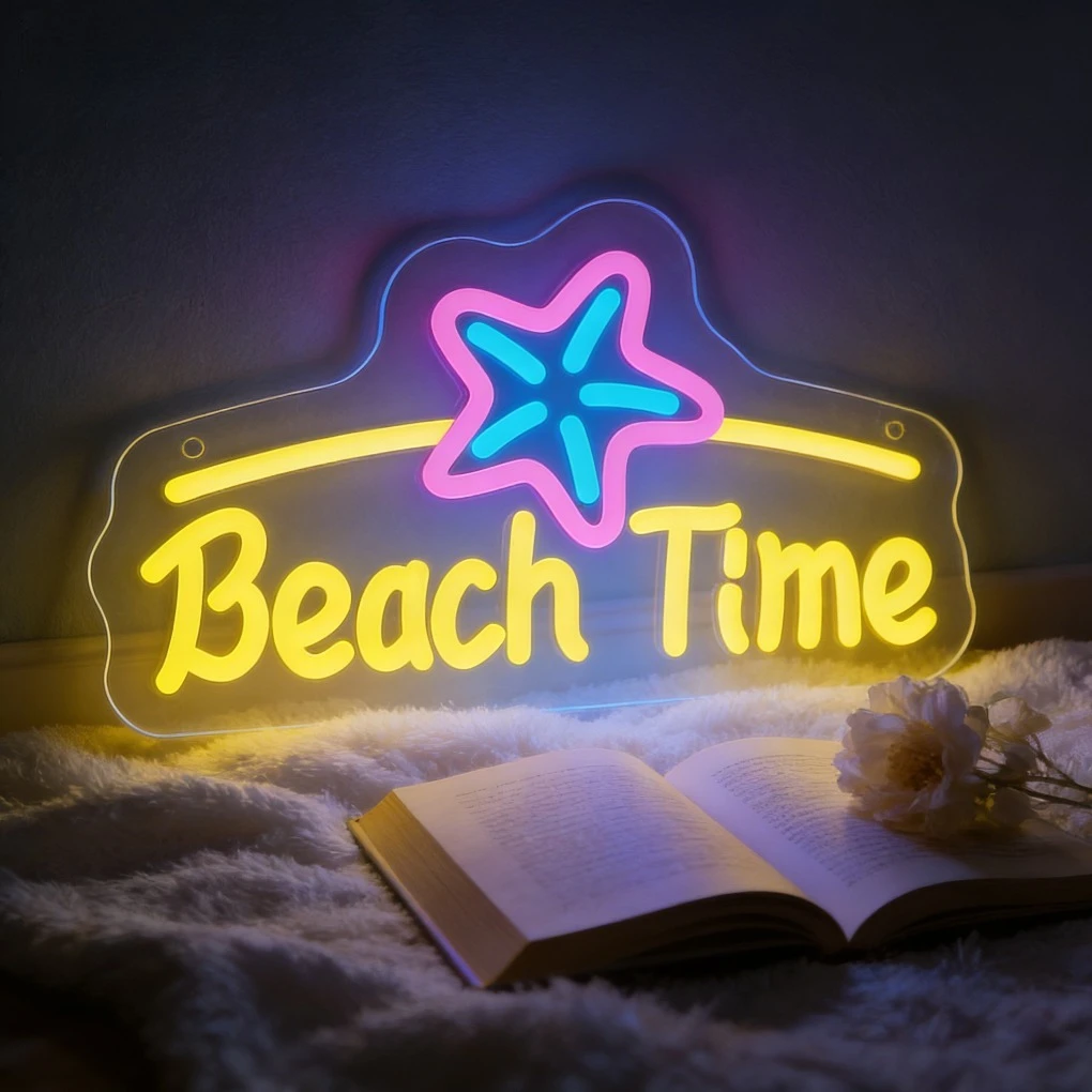 ビーチタイムスターネオンライトusb調光式ledネオンサイン、夏のパーティー、寝室、休暇のテーマ、バルコニーの壁飾り、ブルーピンクデコ