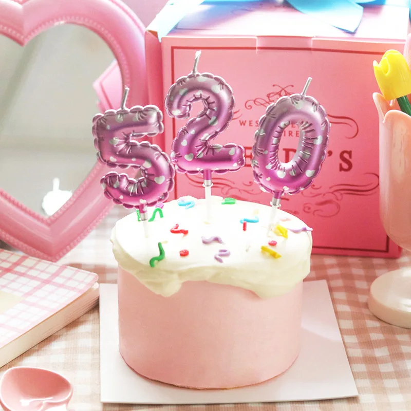 Pink Love Balloon Birthday Candles Birthday Cake Top Cover Number 0-9 Digital Candles Wedding Cake Party Decoration Accessories