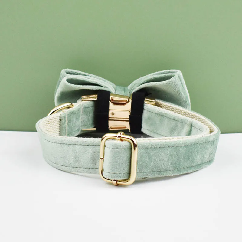 Mint Green Velvet Dog Collar And Leash Set For Dogs Custom Engraved Nameplate Pet Supplies Dog Leash Velvet 17