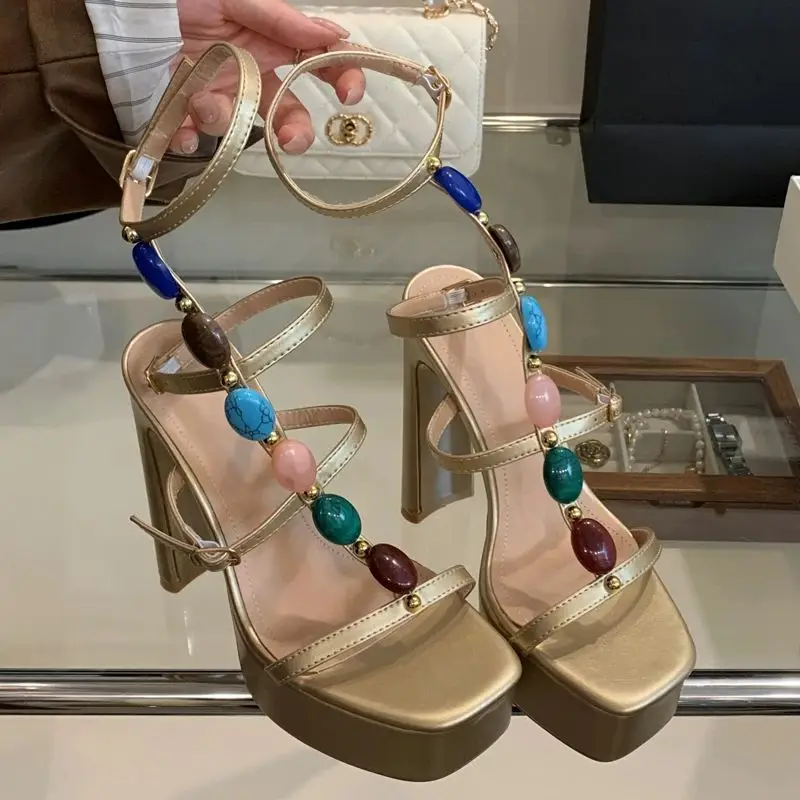

Summer Sexy Sandals Woman Square Toe Colorful Gemstone Studded T Strap Chunky High Heels Buckle Strap Pumps Stripper Party Shoes