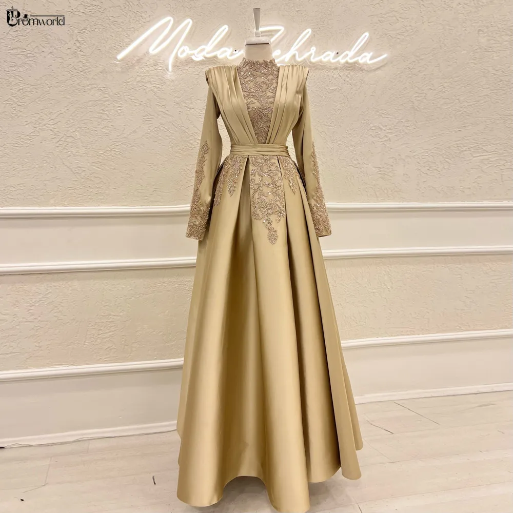 High Neck A-line Gold Formal Dress 2024 Lace Beaded Satin Dubai Arabic Evening Gowns with Full Sleeves Robes De Soirée