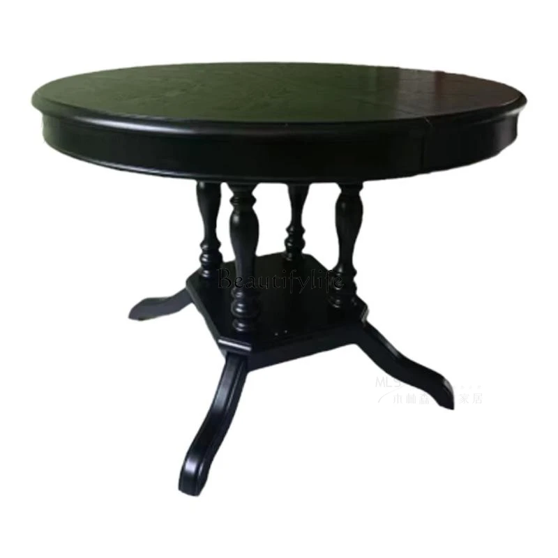 04*French retro black round dining table American solid wood telescopic