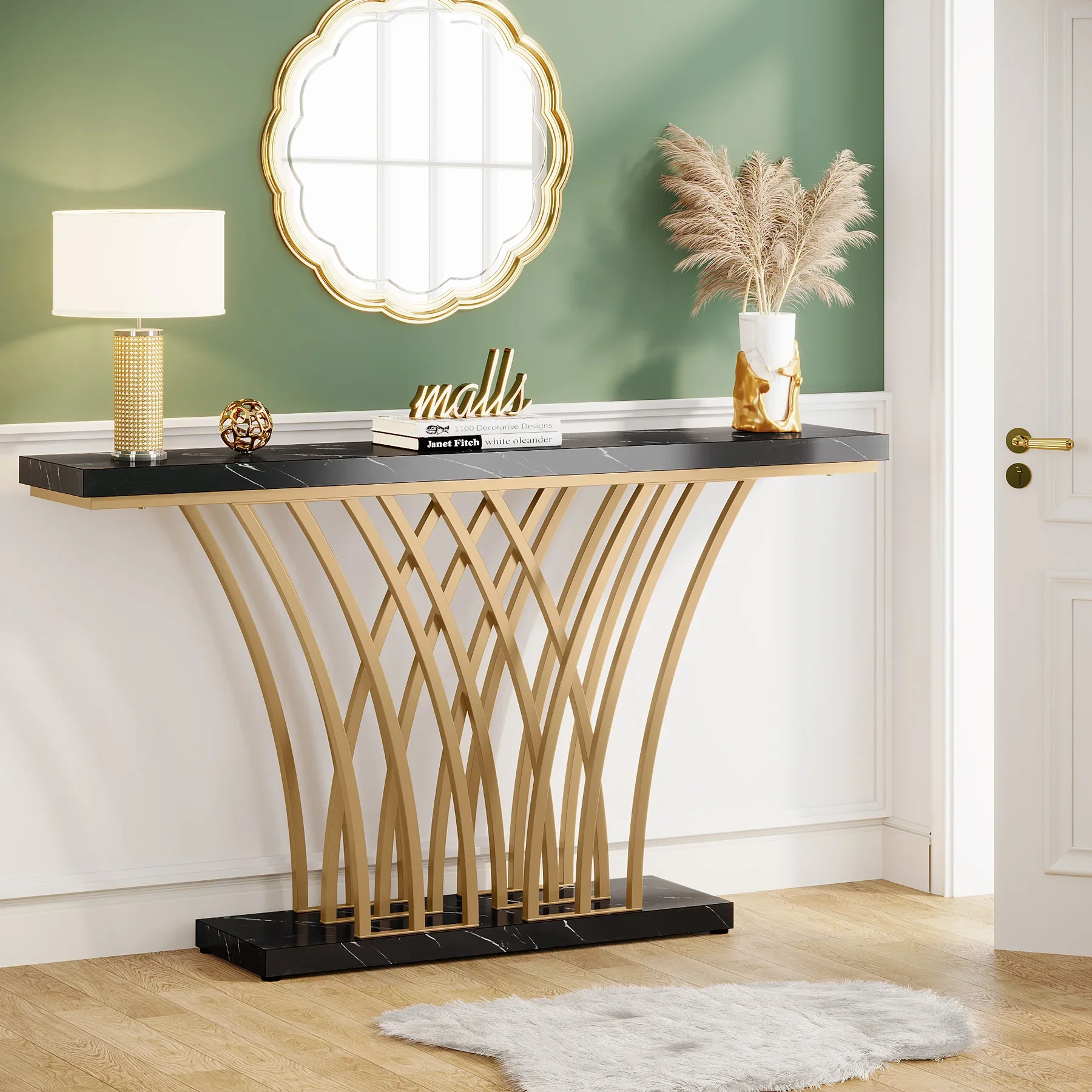 59 inch Gold Console Table, Modern Entryway Table with Grid-Shaped Metal Base for Entrance, Hallway, Entryway