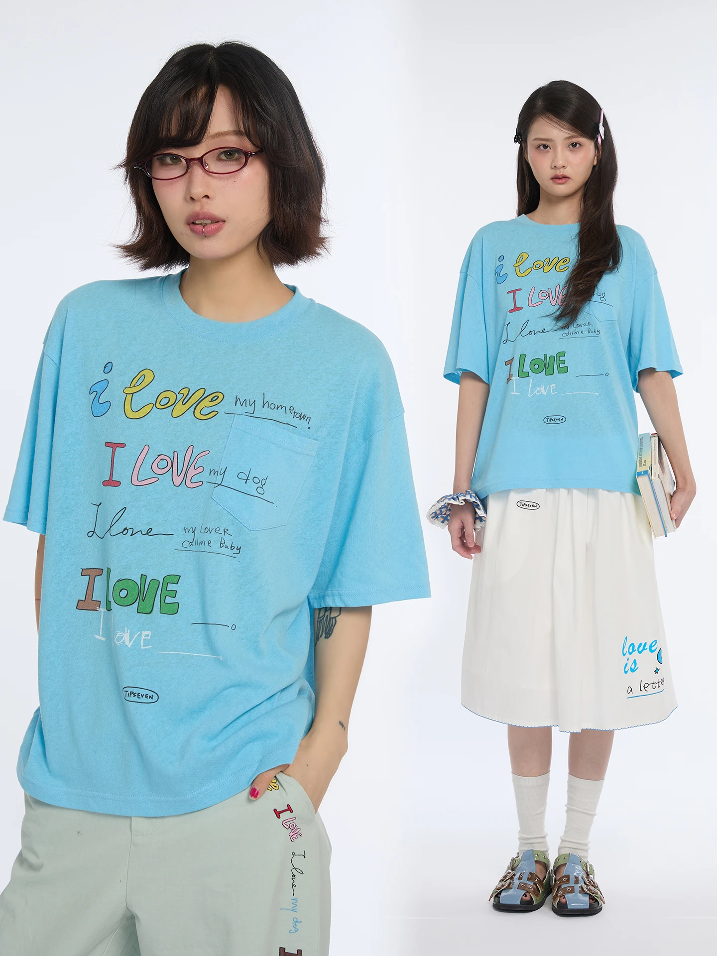 TIPSEVEN I LOVE Graffiti Letter Print Short Sleeve round Neck Pocket T-Shirt Women's Loose Fit Casual Cotton Polyester Summer...