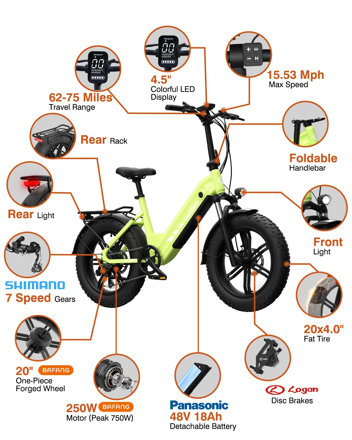 Bodywel F20 Pro Erwachsenen-Elektrofahrrad E-Bike 48V18AH Akku 20 Zoll Reifen Schneemobil E-Bike – Detail 16