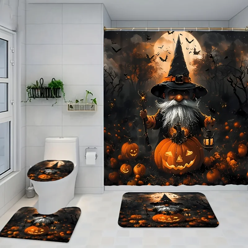 Halloween Shower Curtain Set with Pumpkin Lantern Design - 4pc/3pc/1pc Options, Includes Hooks, Polyester Woven Horror Theme Bat