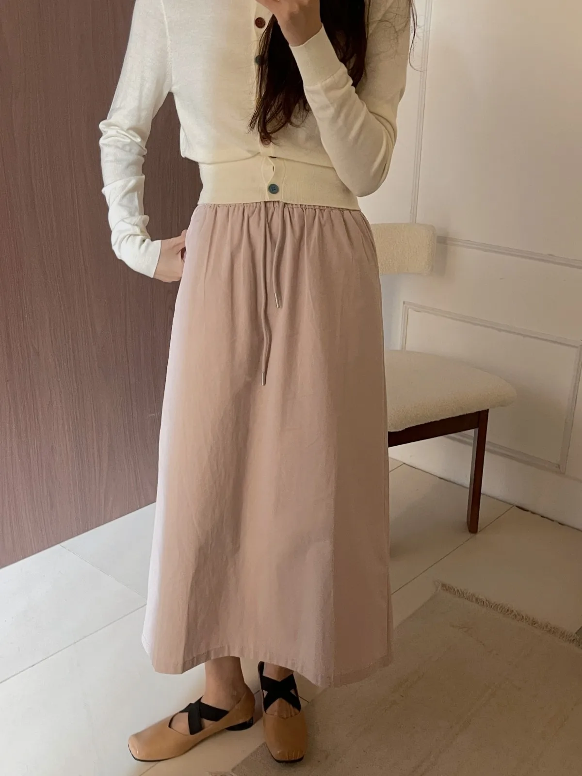 

ZHISILAO Solid Pink Long Skirt Women Elegant 100% Cotton Elastic Waist Skirt Autumn Winter 2024